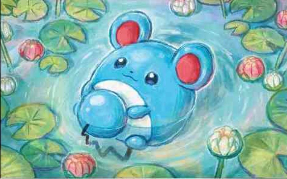 Hand-painted Marill among lily pads — pastel Pokémon commission art
